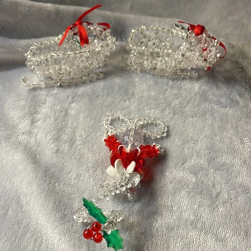 Vintage Beaded Mouse and Two Sleighs Red/Green/ Sparkle w/Holly Accents
